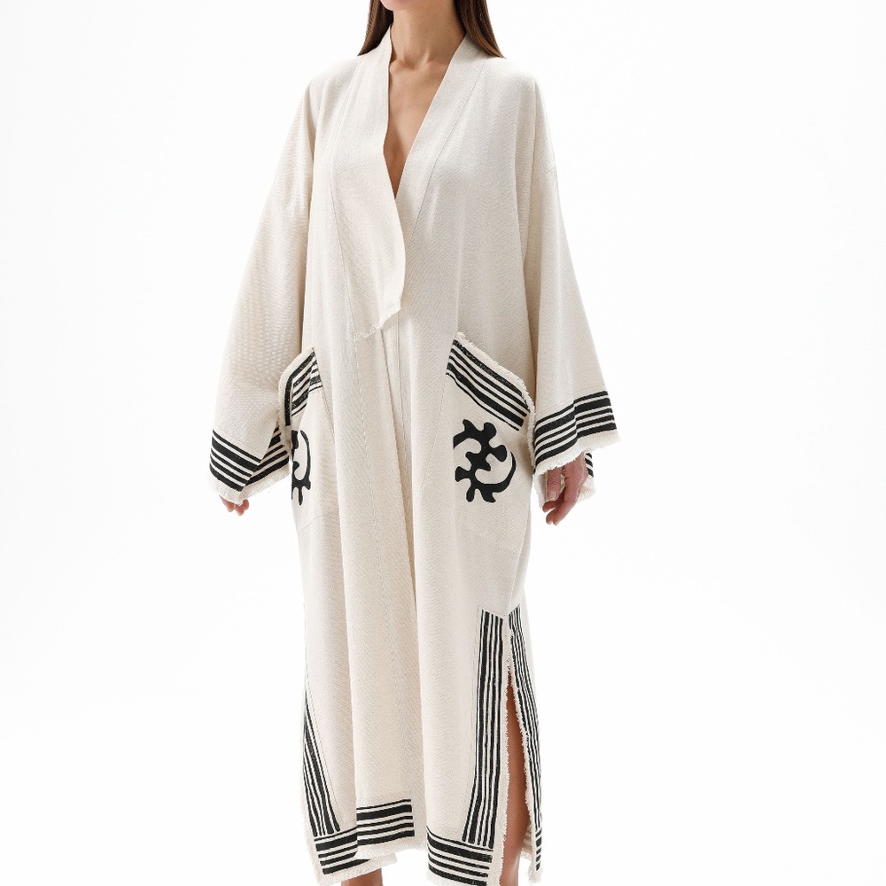 Simpuna Linen Natural Block Printed Unisex Kimono